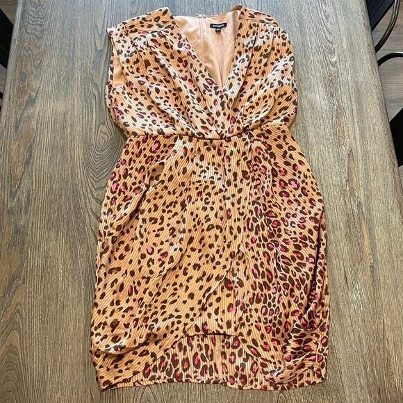 Express Mini Sheath Dress Leopard Print Draped Satin V-Neck Tan/Multi Size L - Picture 1 of 5